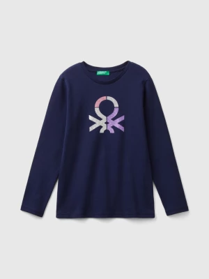 Benetton, Long Sleeve T-shirt With Glittery Print, size M, Dark Blue, Kids United Colors of Benetton