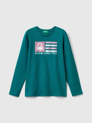 Benetton, Long Sleeve T-shirt With Glittery Print, size M, Dark Green, Kids United Colors of Benetton