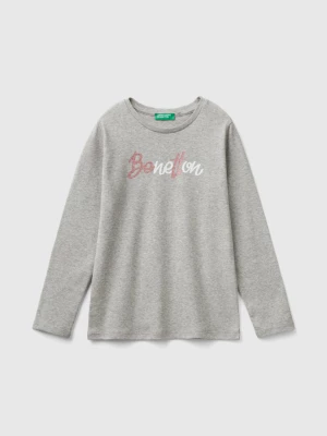 Benetton, Long Sleeve T-shirt With Glittery Print, size M, Light Gray, Kids United Colors of Benetton