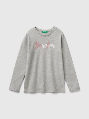 Benetton, Long Sleeve T-shirt With Glittery Print, size M, Light Gray, Kids United Colors of Benetton