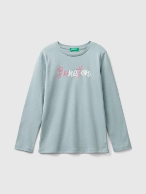 Benetton, Long Sleeve T-shirt With Glittery Print, size M, Pearl Gray, Kids United Colors of Benetton