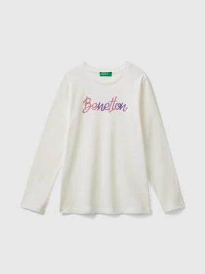 Benetton, Long Sleeve T-shirt With Glittery Print, size S, Creamy White, Kids United Colors of Benetton