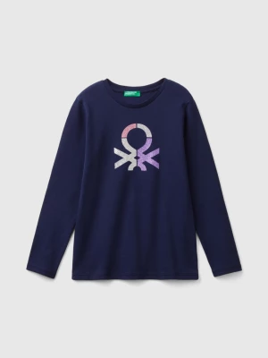 Benetton, Long Sleeve T-shirt With Glittery Print, size S, Dark Blue, Kids United Colors of Benetton