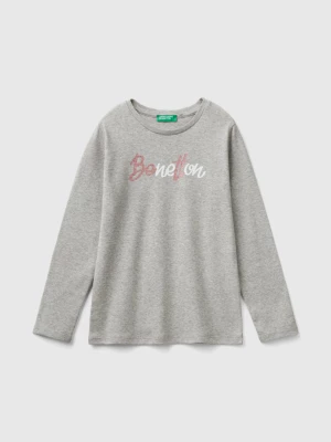 Benetton, Long Sleeve T-shirt With Glittery Print, size S, Light Gray, Kids United Colors of Benetton