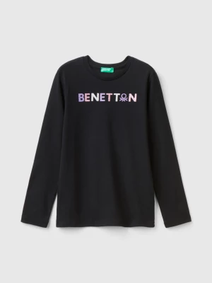 Benetton, Long Sleeve T-shirt With Glittery Print, size XL, Black, Kids United Colors of Benetton