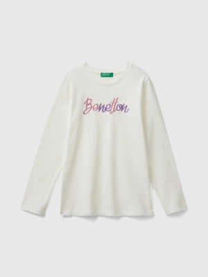 Benetton, Long Sleeve T-shirt With Glittery Print, size XL, Creamy White, Kids United Colors of Benetton