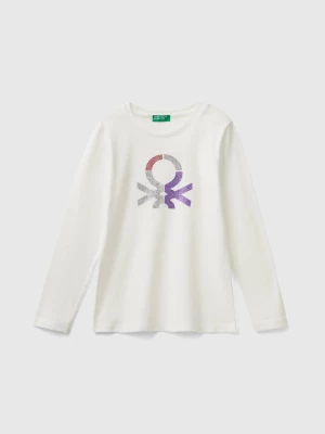 Benetton, Long Sleeve T-shirt With Glittery Print, size M, Creamy White, Kids United Colors of Benetton