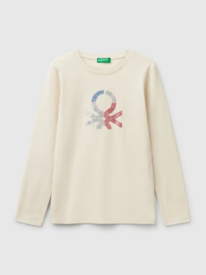 Benetton, Long Sleeve T-shirt With Glittery Print, size XL, Creamy White, Kids United Colors of Benetton