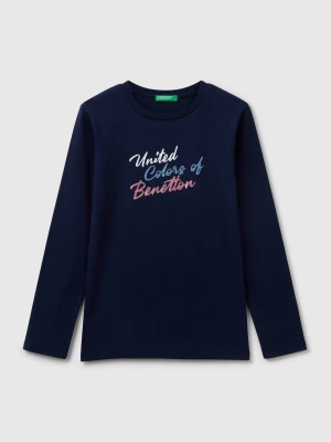 Benetton, Long Sleeve T-shirt With Glittery Print, size XL, Dark Blue, Kids United Colors of Benetton