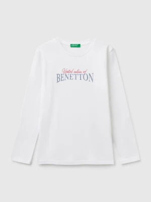 Benetton, Long Sleeve T-shirt With Glittery Print, size XL, White, Kids United Colors of Benetton