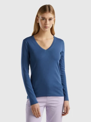 Benetton, Long Sleeve T-shirt With V-neck, size L, Air Force Blue, Women United Colors of Benetton
