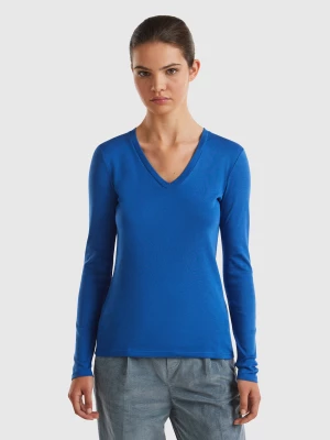 Benetton, Long Sleeve T-shirt With V-neck, size L, Air Force Blue, Women United Colors of Benetton