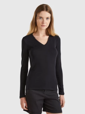 Benetton, Long Sleeve T-shirt With V-neck, size L, Black, Women United Colors of Benetton