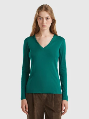 Benetton, Long Sleeve T-shirt With V-neck, size L, Dark Green, Women United Colors of Benetton
