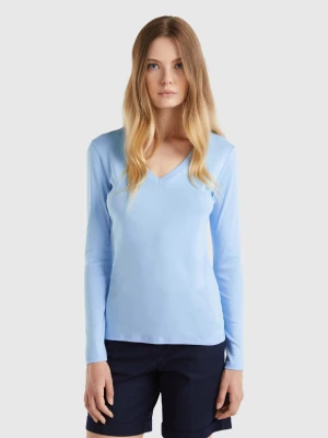 Benetton, Long Sleeve T-shirt With V-neck, size L, Light Blue, Women United Colors of Benetton