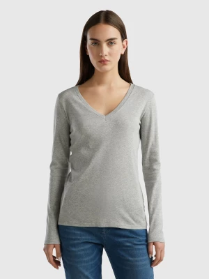 Benetton, Long Sleeve T-shirt With V-neck, size L, Light Gray, Women United Colors of Benetton