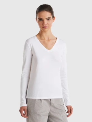 Benetton, Long Sleeve T-shirt With V-neck, size L, White, Women United Colors of Benetton