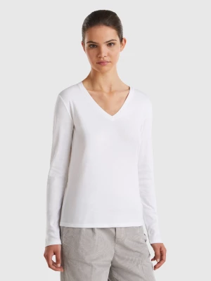 Benetton, Long Sleeve T-shirt With V-neck, size L, White, Women United Colors of Benetton