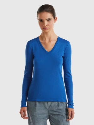 Benetton, Long Sleeve T-shirt With V-neck, size M, Air Force Blue, Women United Colors of Benetton