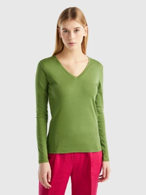 Benetton, Long Sleeve T-shirt With V-neck, size M, Military Green, Women United Colors of Benetton
