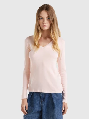 Benetton, Long Sleeve T-shirt With V-neck, size M, Pastel Pink, Women United Colors of Benetton