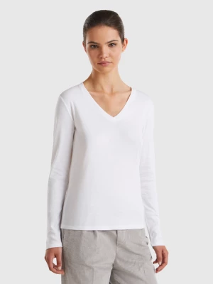 Benetton, Long Sleeve T-shirt With V-neck, size M, White, Women United Colors of Benetton