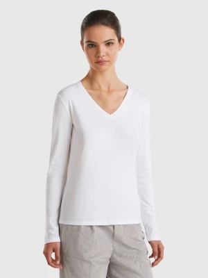 Benetton, Long Sleeve T-shirt With V-neck, size S, White, Women United Colors of Benetton