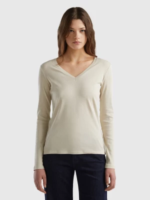 Benetton, Long Sleeve T-shirt With V-neck, size XS, Beige, Women United Colors of Benetton