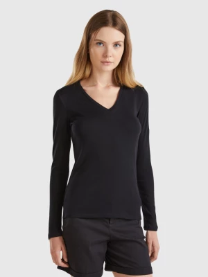 Benetton, Long Sleeve T-shirt With V-neck, size XS, Black, Women United Colors of Benetton