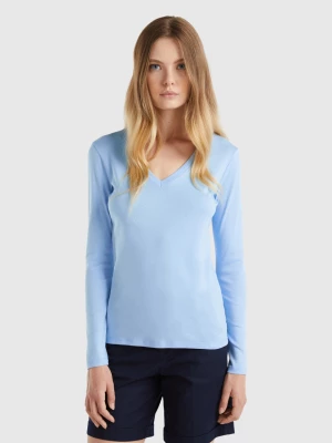 Benetton, Long Sleeve T-shirt With V-neck, size XS, Light Blue, Women United Colors of Benetton
