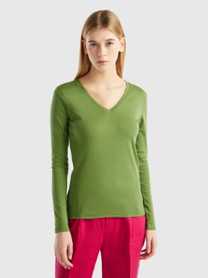 Benetton, Long Sleeve T-shirt With V-neck, size XS, Military Green, Women United Colors of Benetton