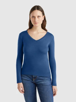 Benetton, Long Sleeve T-shirt With V-neck, size XXS, Air Force Blue, Women United Colors of Benetton