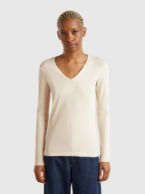 Benetton, Long Sleeve T-shirt With V-neck, size XXS, Beige, Women United Colors of Benetton