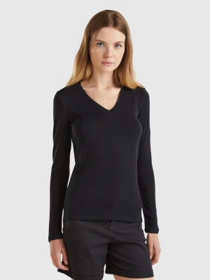 Benetton, Long Sleeve T-shirt With V-neck, size XXS, Black, Women United Colors of Benetton