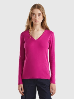 Benetton, Long Sleeve T-shirt With V-neck, size XXS, Cyclamen, Women United Colors of Benetton