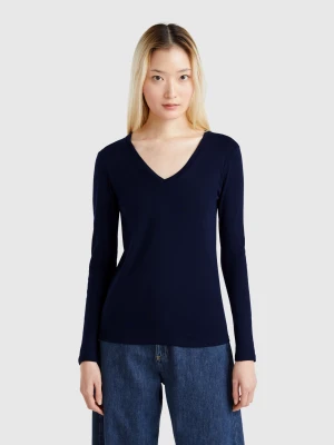 Benetton, Long Sleeve T-shirt With V-neck, size XXS, Dark Blue, Women United Colors of Benetton