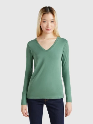 Benetton, Long Sleeve T-shirt With V-neck, size XXS, Green, Women United Colors of Benetton