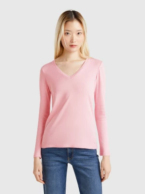 Benetton, Long Sleeve T-shirt With V-neck, size XXS, Pink, Women United Colors of Benetton