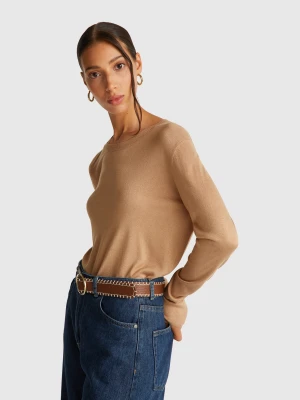 Benetton, Long Sleeve Top In Silk Blend, size XXS, Camel, Women United Colors of Benetton