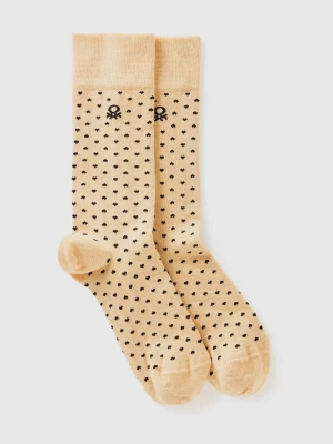 Benetton, Long Socks With Beige Hearts, size 36-41, Beige, Women United Colors of Benetton