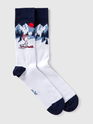 Benetton, Long Socks With Ski ©peanuts Graphic, Size: 36-41, White, Men United Colors of Benetton