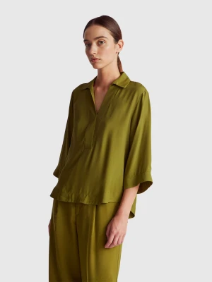Benetton, Loose 100% Viscose Blouse, Size: XS, Military Green, Women United Colors of Benetton