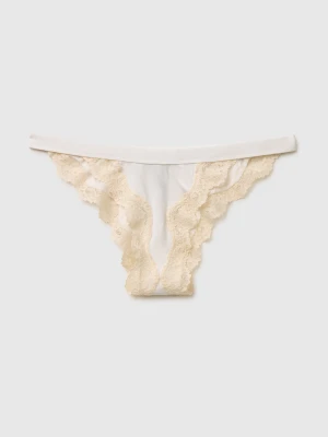 Benetton, Low-cut Briefs In Silk Blend With Lace, Size: XS, Creamy White, Women United Colors of Benetton