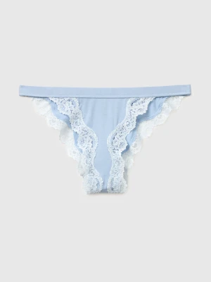 Benetton, Low-cut Briefs In Silk Blend With Lace, Size: XS, Light Blue, Women United Colors of Benetton