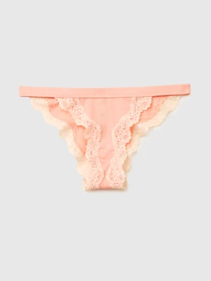 Benetton, Low-cut Briefs In Silk Blend With Lace, Size: XS, Peach, Women United Colors of Benetton