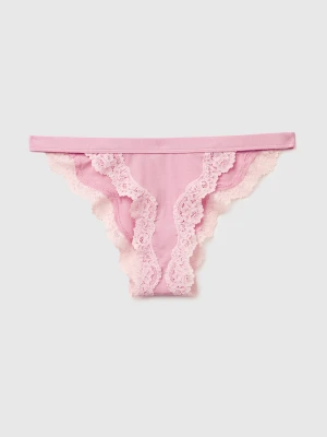 Benetton, Low-cut Briefs In Silk Blend With Lace, Size: XS, Pink, Women United Colors of Benetton