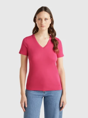 Benetton, Magenta Pure Cotton T-shirt With V-neck, size XXS, Strawberry, Women United Colors of Benetton