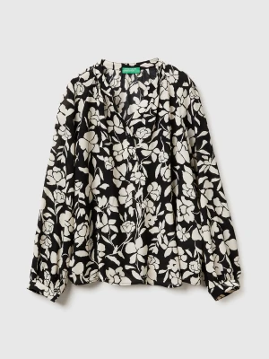 Benetton, Mandarin Blouse With Floral Print, Size: XXS, Black, Women United Colors of Benetton