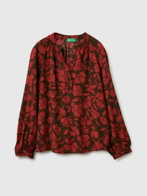 Benetton, Mandarin Blouse With Floral Print, Size: XXS, Brown, Women United Colors of Benetton