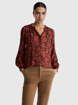 Benetton, Mandarin Blouse With Floral Print, Size: XXS, Brown, Women United Colors of Benetton